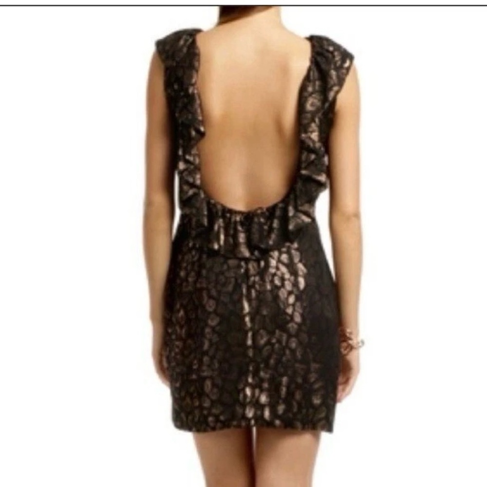 NWT camilla & marc Black Gold Metallic Leopard Scoop Back Ruffle Mini Dress. Sz8